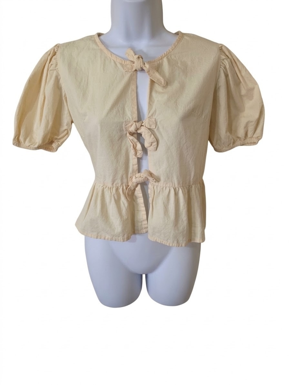 Yellow Tie Front Peplum Blouse Puff Sleeve Cottagecore Coquette Top